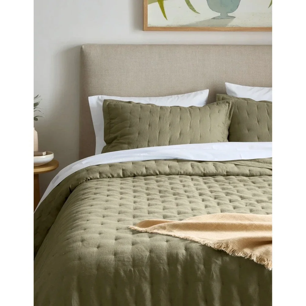 Quince European Linen Dream Quilt Twin Willowleaf Green Hand Stitched NWOT
